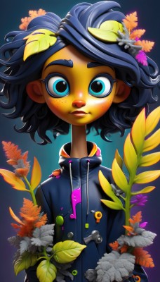 1girl,solo,looking at viewer,short hair,blue eyes,black hair,hair ornament,blue hair,jacket,upper body,flower,parted lips,artist name,hair flower,dark skin,dark-skinned female,gradient,gradient background,buttons,colored skin,leaf,watermark,blue background,plant,white flower,freckles,curly hair,yellow flower,yellow skin,smile,simple background,lips,thick eyebrows,messy hair,web address,leaf on head,very dark skin