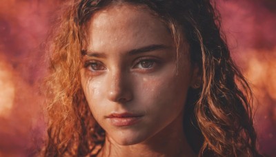 1girl,solo,long hair,looking at viewer,blue eyes,brown hair,brown eyes,closed mouth,parted lips,dark skin,blurry,lips,wet,eyelashes,blurry background,wavy hair,portrait,close-up,forehead,freckles,curly hair,realistic,nose,dark-skinned female