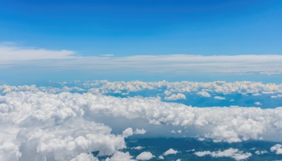 monochrome,outdoors,sky,day,cloud,blue sky,no humans,ocean,cloudy sky,scenery,blue theme,city,horizon,cityscape,landscape,above clouds,1girl,solo,long hair,dress,flying,very wide shot