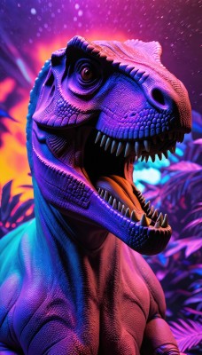 solo,open mouth,red eyes,upper body,teeth,tongue,blurry,no humans,sharp teeth,monster,dinosaur,kaijuu,from side,blurry background,colored skin,1other,alien,colorful