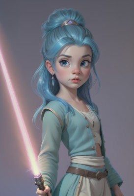 1girl,solo,long hair,breasts,looking at viewer,blue eyes,simple background,long sleeves,holding,jewelry,closed mouth,blue hair,collarbone,ponytail,weapon,earrings,small breasts,belt,sword,holding weapon,lips,holding sword,high ponytail,freckles,realistic,nose,energy sword,lightsaber,blush,bangs,dress,artist name,brown belt