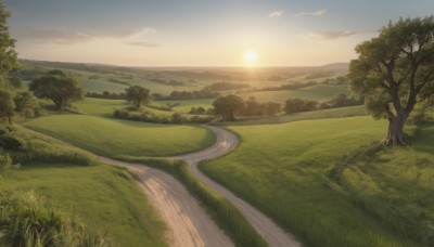 outdoors,sky,day,cloud,tree,no humans,sunlight,cloudy sky,grass,plant,nature,scenery,forest,sunset,mountain,sun,horizon,road,bush,field,landscape,path,hill,blue sky,river