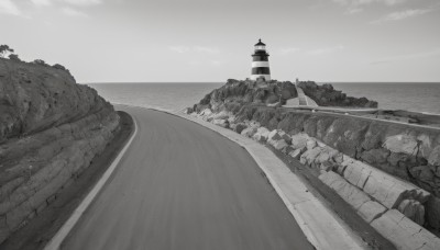 monochrome,greyscale,outdoors,sky,cloud,water,tree,no humans,ocean,beach,cloudy sky,building,scenery,horizon,road,watercraft,bridge,river,tower,boat,lighthouse,traditional media,nature,mountain,bush,street,path