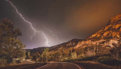 outdoors,sky,cloud,tree,no humans,night,grass,star (sky),nature,night sky,scenery,forest,mountain,electricity,road,lightning,landscape,path,signature,cloudy sky,dark,river,hill