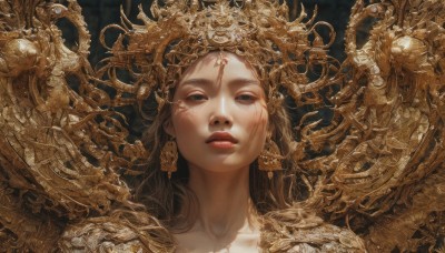 1girl,solo,long hair,looking at viewer,brown hair,jewelry,earrings,parted lips,black eyes,lips,makeup,facial mark,crown,portrait,realistic,red lips,gears,closed mouth,collarbone,artist name,armor,eyelashes,headgear,watermark,half-closed eyes,forehead mark,no pupils,straight-on,gold