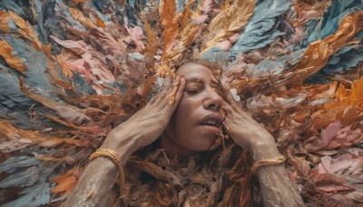 1girl,solo,looking at viewer,1boy,jewelry,yellow eyes,upper body,male focus,lying,parted lips,wings,solo focus,on back,bracelet,lips,fingernails,ring,feathers,portrait,feathered wings,realistic,gold,hands on another's face,blonde hair,closed eyes,leaf