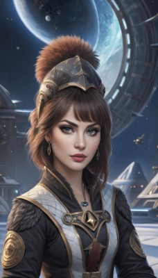 1girl,solo,breasts,looking at viewer,short hair,bangs,blue eyes,brown hair,hat,jewelry,closed mouth,upper body,earrings,sky,artist name,necklace,lips,grey eyes,fur trim,makeup,moon,lipstick,star (sky),starry sky,realistic,nose,red lips,space,planet,earth (planet),spacecraft,signature,eyelashes,night,feathers,architecture