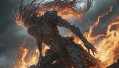 solo,long hair,1boy,standing,male focus,outdoors,sky,teeth,cloud,armor,kneeling,cloudy sky,fire,shoulder armor,gauntlets,1other,pauldrons,breastplate,one knee,full armor,embers,burning,open mouth,no humans,spikes,rain,monster