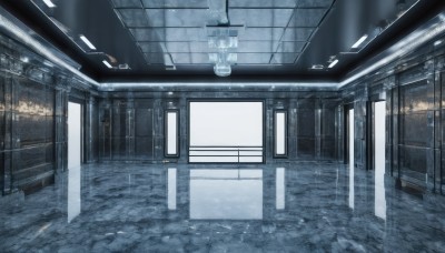 indoors,no humans,window,sunlight,scenery,light rays,door,tiles,light,ceiling,hallway,ceiling light,shadow,building,science fiction,tile floor