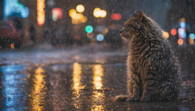 outdoors, water, blurry, no humans, night, animal, reflection, rain, lantern, city, paper lantern, city lights