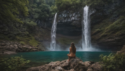 1girl, solo, long hair, brown hair, sitting, ass, nude, outdoors, barefoot, water, from behind, tree, nature, scenery, forest, rock, waterfall