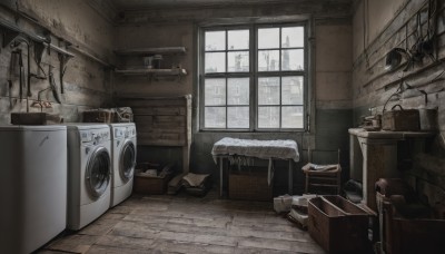 day,indoors,book,no humans,window,chair,table,box,scenery,shelf,cardboard box,trash can,sink,industrial pipe,air conditioner,bed,snow,wooden floor,door,cable,wall,speaker,wire,cabinet,radio,stove,grey theme,washing machine