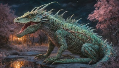 open mouth,tail,yellow eyes,outdoors,sky,teeth,cloud,water,tree,no humans,night,fangs,sharp teeth,cherry blossoms,star (sky),night sky,claws,starry sky,monster,dragon,scales,solo,fire,nature,forest,dinosaur