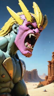 solo,open mouth,blonde hair,red eyes,1boy,upper body,male focus,sweat,outdoors,horns,sky,teeth,day,tongue,belt,artist name,signature,muscular,colored skin,fangs,abs,colored sclera,topless male,rock,blue skin,giant,purple skin,pillar,pink skin,desert,long hair,armor,blue sky,sharp teeth,veins,monster,sand