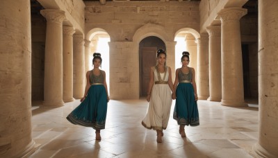 looking at viewer,short hair,multiple girls,black hair,dress,bare shoulders,jewelry,standing,barefoot,sleeveless,dark skin,3girls,hair bun,dark-skinned female,blue dress,holding hands,sunlight,single hair bun,backlighting,reflection,walking,long skirt,pillar,arch,column,breasts,skirt,brown hair,2girls,cleavage,medium breasts,bracelet,siblings,sisters,anklet,mother and daughter,egyptian