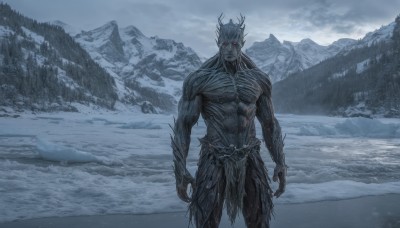 solo,looking at viewer,red eyes,1boy,standing,male focus,outdoors,horns,sky,cloud,tree,muscular,glowing,colored skin,abs,cloudy sky,crown,nature,scenery,glowing eyes,snow,monster,snowing,mountain,grey skin,fog,closed mouth,water,muscular male,topless male,loincloth