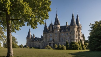 outdoors,sky,day,cloud,tree,blue sky,no humans,grass,building,nature,scenery,forest,road,bush,castle,tower,path,church,fantasy,arch