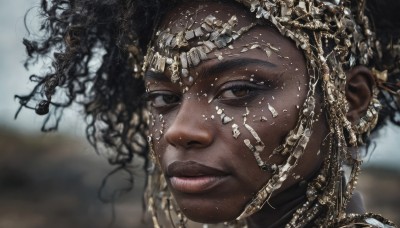 1girl,solo,looking at viewer,black hair,hair ornament,brown eyes,jewelry,parted lips,teeth,dark skin,blurry,dark-skinned female,lips,blurry background,portrait,freckles,curly hair,realistic,nose,very dark skin,dreadlocks,1boy,closed mouth,earrings,artist name,chain,piercing,close-up,gold,gold chain,head chain