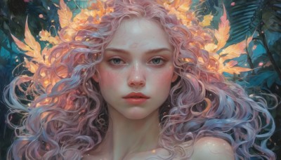 1girl,solo,long hair,looking at viewer,blue eyes,hair ornament,closed mouth,collarbone,pink hair,flower,hair flower,lips,grey eyes,petals,eyelashes,leaf,wavy hair,feathers,plant,portrait,close-up,freckles,curly hair,realistic,nose,red lips,bare shoulders,parted lips,expressionless,nature,forehead