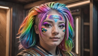 1girl,solo,looking at viewer,smile,bangs,blonde hair,brown eyes,closed mouth,blue hair,pink hair,purple hair,multicolored hair,green hair,artist name,indoors,medium hair,armor,blurry,black eyes,two-tone hair,lips,grey eyes,eyelashes,gradient hair,makeup,blurry background,facial mark,lipstick,portrait,eyeshadow,freckles,realistic,nose,door,eyeliner,facepaint,mascara,rainbow hair,clown,short hair,bandaid,bandaid on face,dirty,dirty face