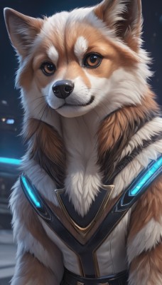 solo,looking at viewer,1boy,brown eyes,closed mouth,upper body,male focus,belt,no humans,animal,furry,dog,realistic,animal focus,white fur,whiskers,brown fur,orange fur,artist name,blurry,science fiction,shiba inu