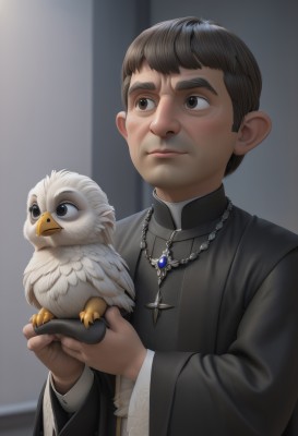 solo,short hair,brown hair,black hair,long sleeves,1boy,holding,brown eyes,jewelry,closed mouth,upper body,male focus,indoors,wide sleeves,necklace,blurry,black eyes,blurry background,bird,animal,cross,robe,realistic,holding animal,duck,owl,black robe,bird on hand,priest,blush,thick eyebrows,gem,nose