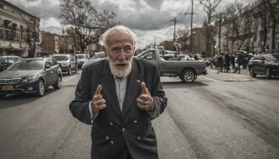 solo,looking at viewer,long sleeves,1boy,white hair,male focus,outdoors,multiple boys,sky,day,cloud,tree,facial hair,parody,formal,cloudy sky,suit,pointing,ground vehicle,building,motor vehicle,beard,snow,6+boys,city,realistic,mustache,car,road,old,vehicle focus,police,lamppost,old man,bare tree,street,grey sky,smile,short hair,shirt,jacket,white shirt,collared shirt,pants,blurry,black jacket,dress shirt,black pants,pointing at viewer