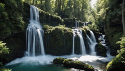 solo,outdoors,day,water,tree,no humans,sunlight,nature,scenery,forest,light rays,rock,sunbeam,river,waterfall,landscape,moss,stream,1girl