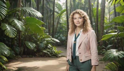 1girl,solo,long hair,looking at viewer,smile,blonde hair,brown hair,shirt,long sleeves,brown eyes,jewelry,closed mouth,standing,jacket,white shirt,cowboy shot,outdoors,open clothes,necktie,day,collared shirt,pants,necklace,open jacket,tree,lips,leaf,sunlight,plant,nature,forest,curly hair,brown jacket,jeans,blue necktie,realistic,nose,arms at sides,dappled sunlight,green pants,blue eyes,buttons,wavy hair,white jacket,blue shirt,scenery,black necktie,road