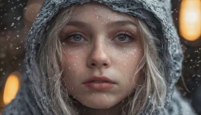 1girl,solo,looking at viewer,blonde hair,brown eyes,parted lips,hood,blurry,lips,grey eyes,eyelashes,depth of field,blurry background,portrait,snow,close-up,hood up,freckles,snowing,realistic,nose,bokeh,outdoors,wet,fur trim,lantern,winter,fur-trimmed hood