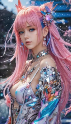 1girl,solo,long hair,breasts,looking at viewer,bangs,blue eyes,hair ornament,dress,cleavage,bare shoulders,jewelry,medium breasts,closed mouth,underwear,upper body,pink hair,earrings,choker,necklace,hair bun,bra,mole,blurry,lips,depth of field,blurry background,gem,realistic,nose,detached sleeves,artist name,armor,from side,eyelashes,expressionless,feathers