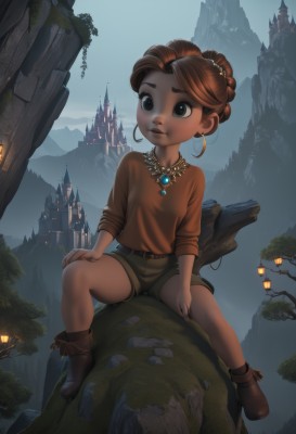 1girl,solo,brown hair,shirt,jewelry,sitting,earrings,boots,outdoors,sky,shorts,belt,dark skin,necklace,hair bun,dark-skinned female,tree,short shorts,night,single hair bun,building,child,hoop earrings,lantern,female child,brown shorts,castle,short hair,hair ornament,full body,artist name,black eyes,lips,brown footwear,scenery,mountain