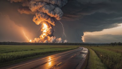 outdoors,sky,cloud,water,tree,no humans,cloudy sky,grass,fire,ground vehicle,scenery,smoke,reflection,sunset,mountain,electricity,road,river,lightning,explosion