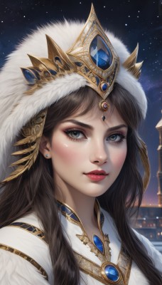 1girl,solo,long hair,looking at viewer,blush,smile,blue eyes,brown hair,black hair,jewelry,earrings,outdoors,parted lips,sky,artist name,lips,fur trim,eyelashes,makeup,night,crown,lipstick,brooch,gem,portrait,star (sky),night sky,starry sky,freckles,realistic,nose,red lips,red gemstone,bangs,brown eyes,closed mouth