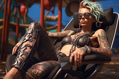 1girl,solo,breasts,looking at viewer,short hair,navel,bare shoulders,jewelry,sitting,multicolored hair,earrings,small breasts,green hair,midriff,pants,necklace,blurry,bracelet,lips,crop top,fingernails,tattoo,depth of field,blurry background,chair,black pants,piercing,sunglasses,ring,ear piercing,zipper,knee up,cigarette,hoop earrings,nose,arm tattoo,leather,shoulder tattoo,facial tattoo,reclining,leg tattoo,multiple rings,thumb ring,aviator sunglasses,blonde hair,white hair,barefoot,two-tone hair,anklet