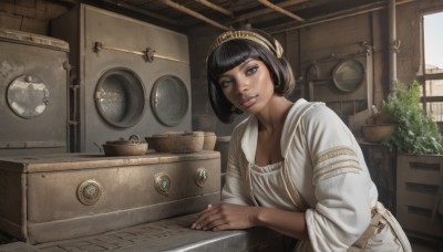 1girl,solo,breasts,looking at viewer,smile,short hair,bangs,shirt,black hair,cleavage,brown eyes,medium breasts,collarbone,upper body,hairband,parted lips,day,belt,indoors,dark skin,blunt bangs,black eyes,dark-skinned female,lips,eyelashes,window,leaning forward,sunlight,bob cut,plant,sleeves rolled up,realistic,nose,potted plant,kitchen,stove,jewelry,ring,tiara,egyptian