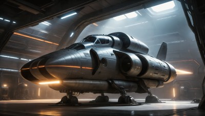 HQ,indoors,signature,military,no humans,window,robot,science fiction,realistic,aircraft,military vehicle,airplane,light,vehicle focus,spacecraft,lights,cockpit,scenery,mecha