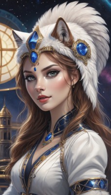 1girl,solo,long hair,breasts,looking at viewer,blush,smile,blue eyes,brown hair,hat,animal ears,cleavage,jewelry,medium breasts,closed mouth,green eyes,upper body,earrings,sky,choker,artist name,necklace,lips,grey eyes,eyelashes,makeup,night,lipstick,brooch,gem,star (sky),night sky,eyeshadow,starry sky,freckles,nose,red lips,blue gemstone,red gemstone,parted lips,feathers,realistic