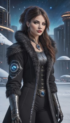 1girl,solo,long hair,breasts,looking at viewer,brown hair,gloves,brown eyes,jewelry,medium breasts,standing,cowboy shot,earrings,outdoors,open clothes,sky,choker,black gloves,belt,pants,necklace,lips,coat,fur trim,makeup,night,black pants,lipstick,gauntlets,building,star (sky),night sky,snow,pendant,eyeshadow,starry sky,freckles,science fiction,open coat,black coat,snowing,nose,red lips,mechanical arms,winter,fur-trimmed coat,black hair,artist name,mole,city,realistic