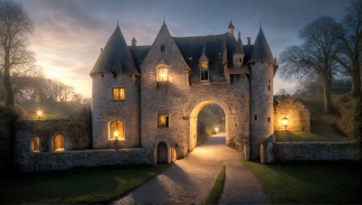 HQ,outdoors,sky,cloud,tree,no humans,window,sunlight,cloudy sky,grass,building,nature,scenery,sunset,lantern,stairs,door,light,road,wall,house,lamppost,bare tree,path,church,night,forest,fantasy,bush,castle,tower,arch