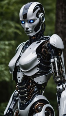 1girl,solo,breasts,looking at viewer,blue eyes,medium breasts,upper body,blurry,lips,no humans,blurry background,glowing,colored skin,robot,mecha,glowing eyes,science fiction,realistic,android,joints,cyborg,robot joints,alien,mechanical parts,humanoid robot,cable,damaged