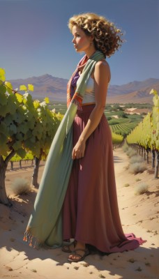 1girl,solo,short hair,skirt,blonde hair,brown hair,shirt,bare shoulders,jewelry,closed mouth,standing,full body,closed eyes,earrings,outdoors,sky,sleeveless,day,dark skin,scarf,from side,dark-skinned female,tree,blue sky,lips,sleeveless shirt,profile,toes,shadow,red skirt,leaf,sandals,toenails,curly hair,long skirt,mountain,brown eyes,flower,watermark,wind