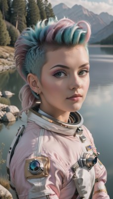 1girl,solo,looking at viewer,short hair,jewelry,closed mouth,green eyes,blue hair,upper body,ponytail,pink hair,multicolored hair,earrings,outdoors,sky,day,water,blurry,two-tone hair,lips,eyelashes,aqua hair,bodysuit,makeup,blurry background,piercing,reflection,science fiction,mountain,realistic,nose,lake,spacesuit,green hair,artist name,signature,watermark,lipstick,eyeshadow,asymmetrical hair,rock,emblem,undercut,patch,astronaut