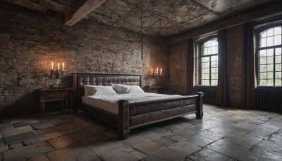 day,indoors,pillow,no humans,window,bed,bed sheet,on bed,sunlight,scenery,wooden floor,stairs,candle,wall,bedroom,brick wall,candlestand,chandelier,stone wall,fireplace,chair,table,fire,curtains,door,rug,stone floor,brick,brick floor