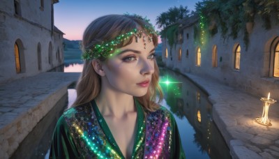 1girl,solo,long hair,looking at viewer,smile,brown hair,dress,jewelry,green eyes,collarbone,upper body,outdoors,sky,tree,lips,grey eyes,eyelashes,window,sparkle,makeup,night,building,gem,freckles,green dress,circlet,stairs,realistic,nose,fantasy,candle,house,green gemstone,hair ornament,water,star (sky),night sky,scenery,head wreath