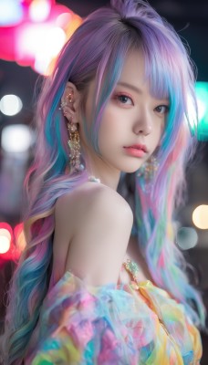 1girl,solo,long hair,breasts,looking at viewer,bangs,bare shoulders,jewelry,blue hair,upper body,pink hair,purple hair,multicolored hair,earrings,parted lips,necklace,blurry,black eyes,from side,two-tone hair,lips,looking to the side,depth of field,blurry background,piercing,ear piercing,realistic,nose,bokeh,blue eyes,dress,eyelashes,aqua hair,makeup,lipstick