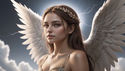 1girl,solo,long hair,breasts,looking at viewer,brown hair,cleavage,bare shoulders,brown eyes,medium breasts,closed mouth,collarbone,upper body,wings,sky,cloud,lips,cloudy sky,portrait,feathered wings,angel wings,realistic,nose,white wings,angel,head wreath,lightning,parted lips,day,sunlight,laurel crown