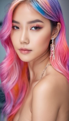 1girl,solo,long hair,breasts,looking at viewer,cleavage,bare shoulders,brown eyes,jewelry,medium breasts,closed mouth,blue hair,upper body,pink hair,multicolored hair,earrings,necklace,black eyes,two-tone hair,lips,eyelashes,gradient hair,makeup,portrait,eyeshadow,realistic,nose,eyeliner,mascara,simple background,nude,artist name,grey background,blurry,grey eyes,wavy hair