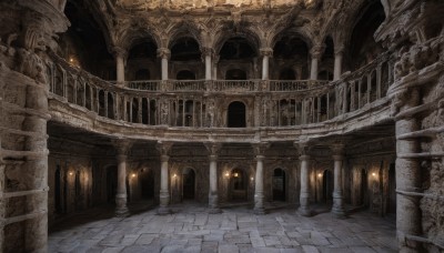 outdoors,indoors,dutch angle,no humans,window,building,scenery,stairs,railing,light,architecture,ruins,bridge,pillar,statue,church,arch,column,stone floor,door,pavement,brick floor