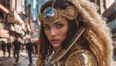 1girl,solo,long hair,looking at viewer,brown hair,brown eyes,jewelry,closed mouth,upper body,outdoors,solo focus,dark skin,armor,blurry,dark-skinned female,lips,looking to the side,makeup,depth of field,blurry background,shoulder armor,gem,portrait,veil,pauldrons,circlet,realistic,nose,black hair,headdress,street,crowd